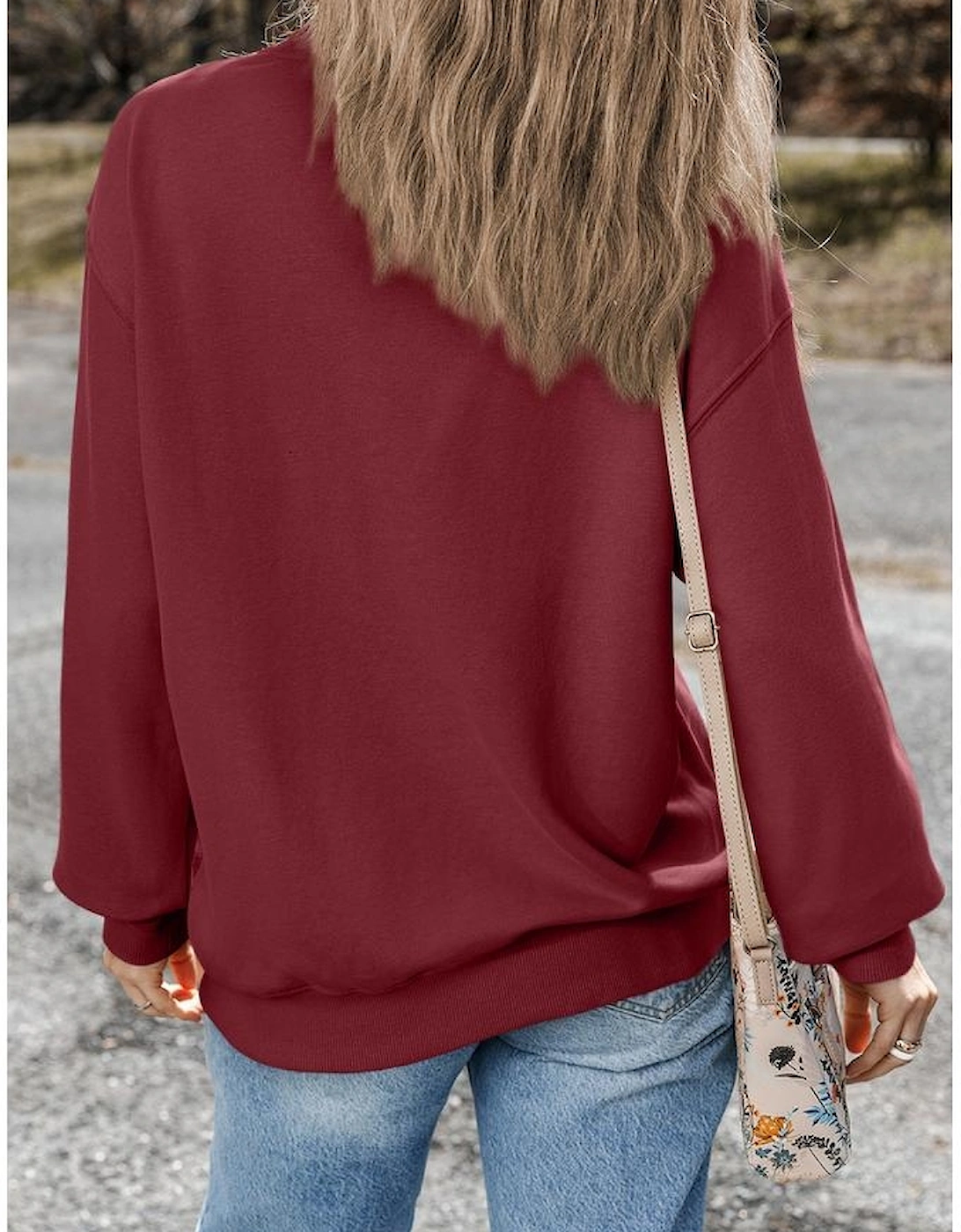 Burgundy Plain Drop Shoulder Crewneck Pullover Sweatshirt