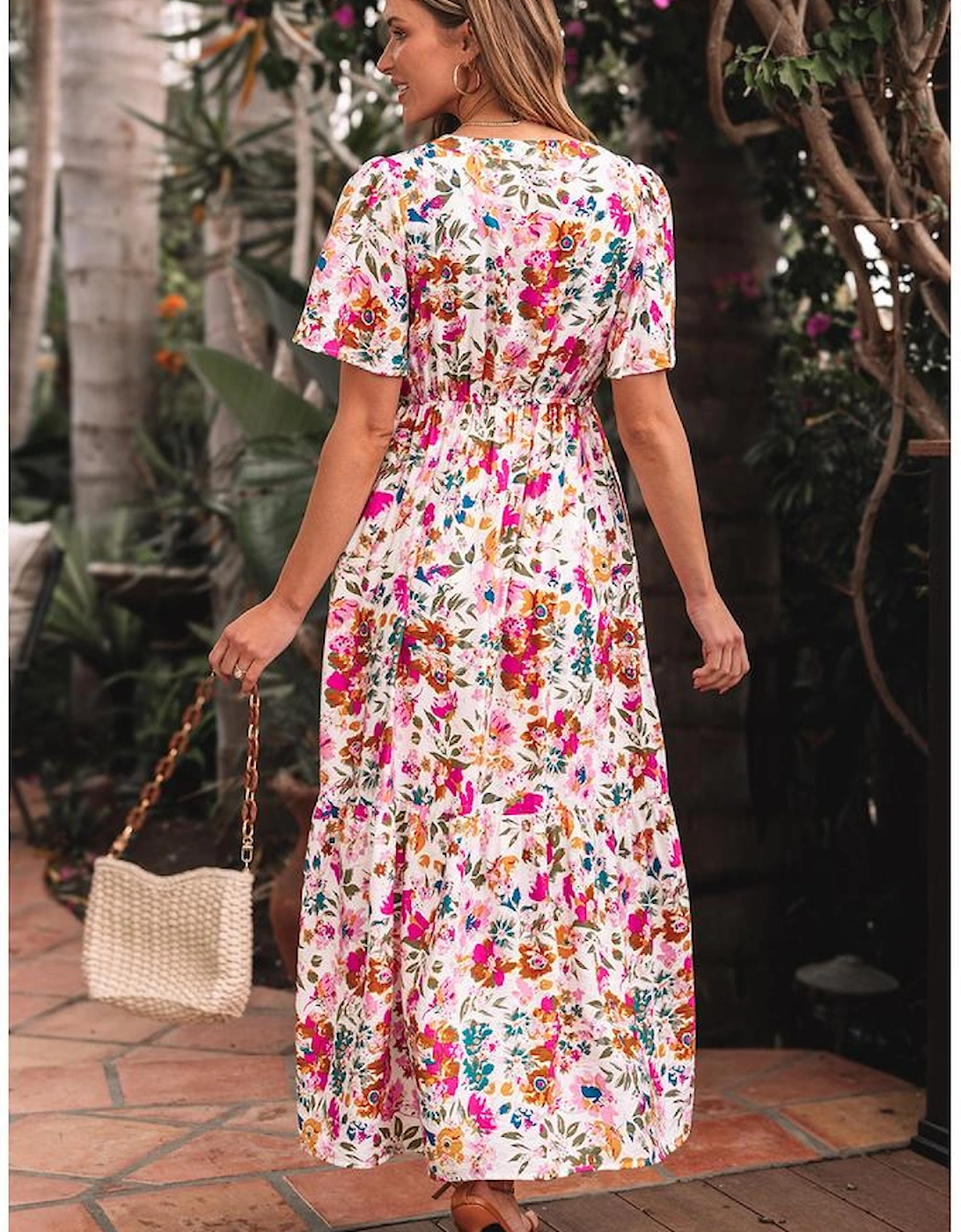 Red Floral Short Sleeve V Neck High Waist Maxi Dress, 16 of 15