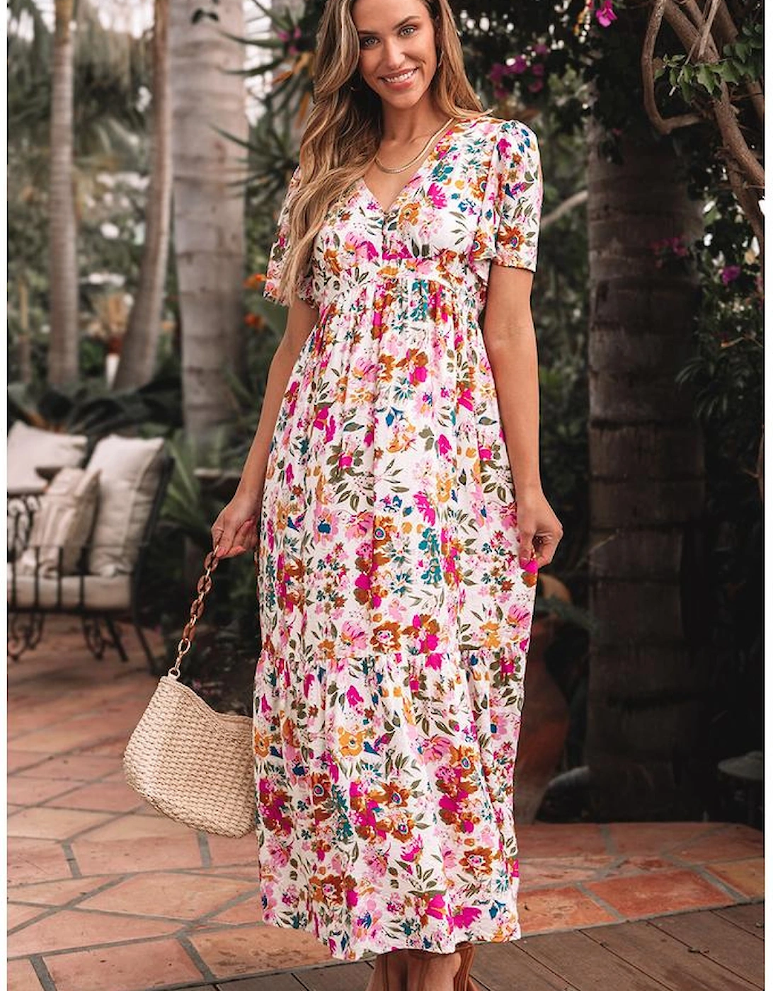 Red Floral Short Sleeve V Neck High Waist Maxi Dress