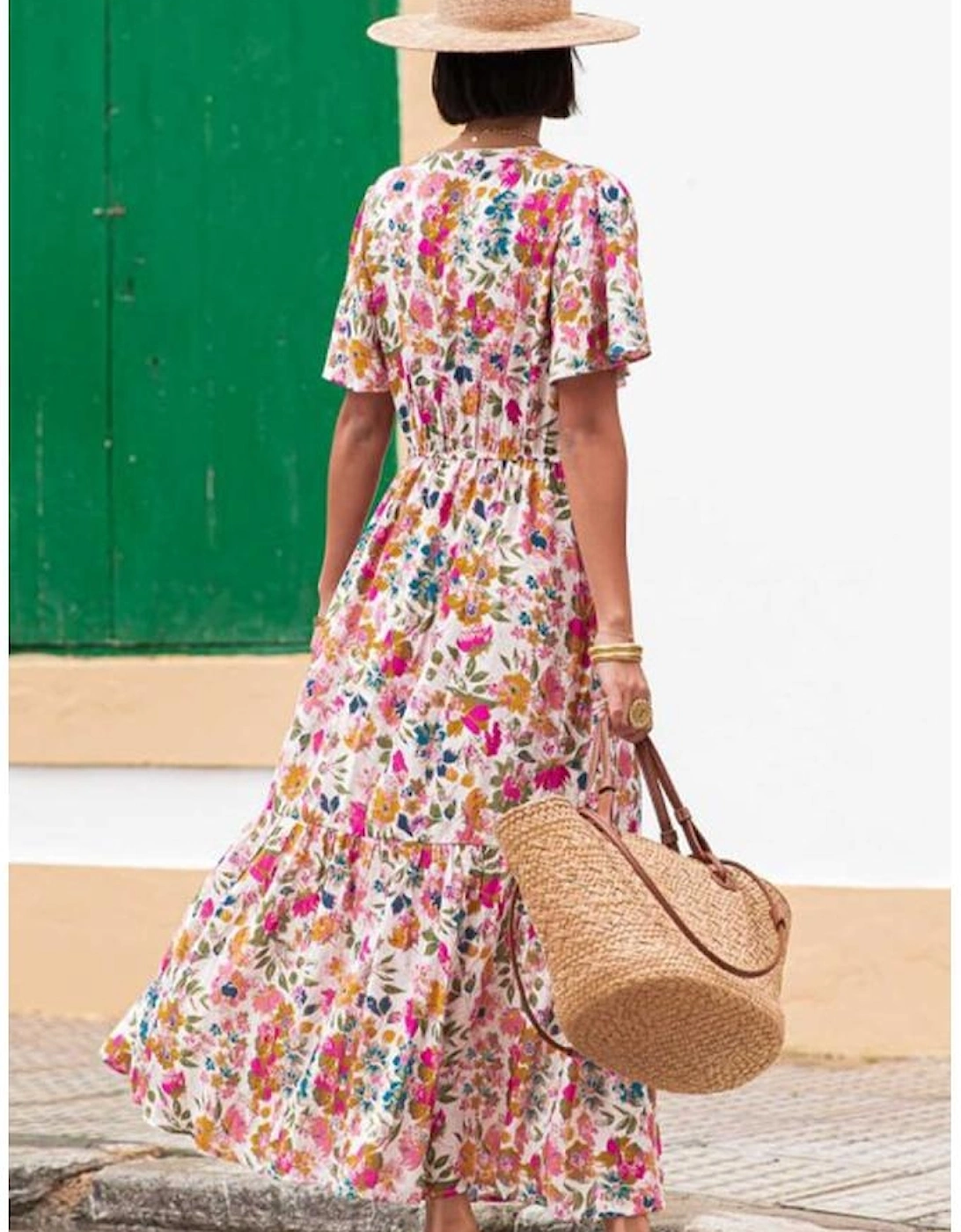 Red Floral Short Sleeve V Neck High Waist Maxi Dress