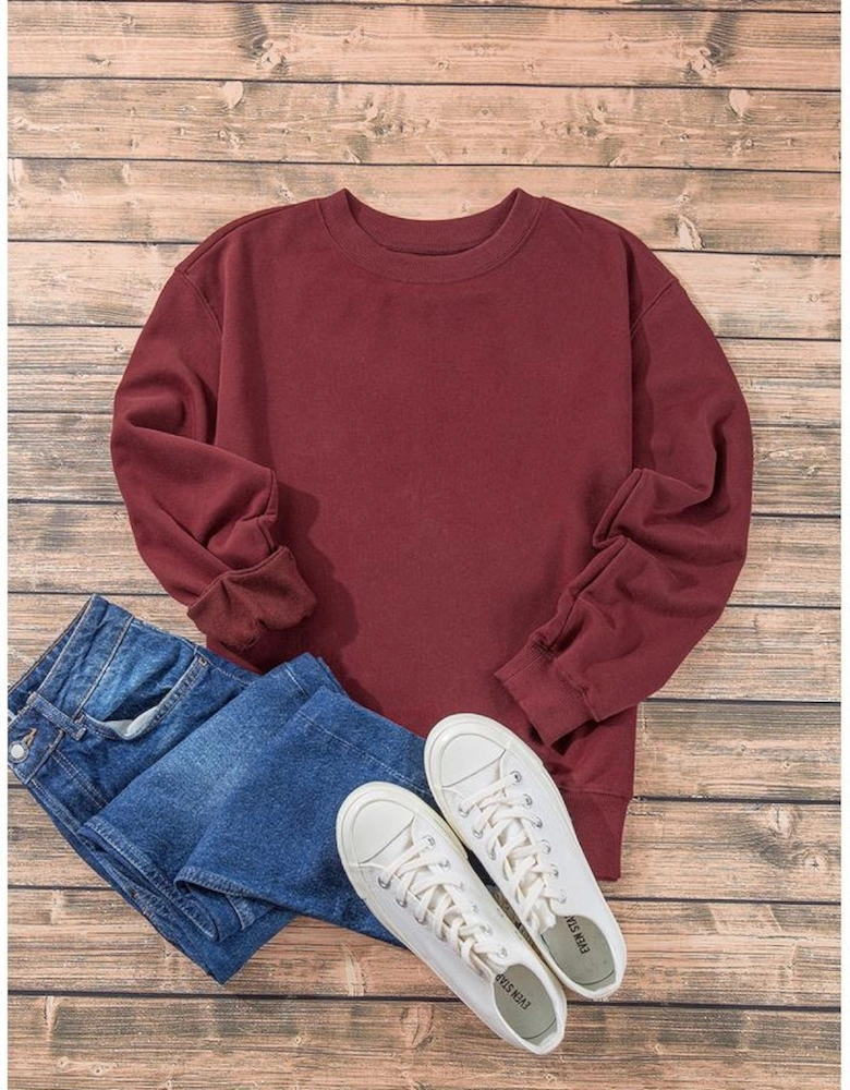 Burgundy Plain Drop Shoulder Crewneck Pullover Sweatshirt