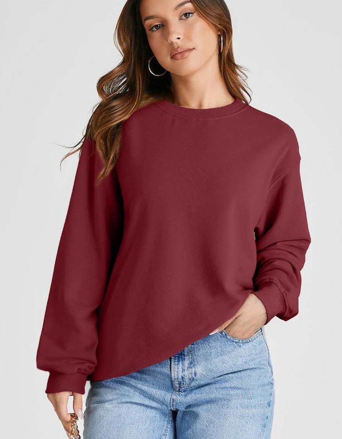 Burgundy Plain Drop Shoulder Crewneck Pullover Sweatshirt