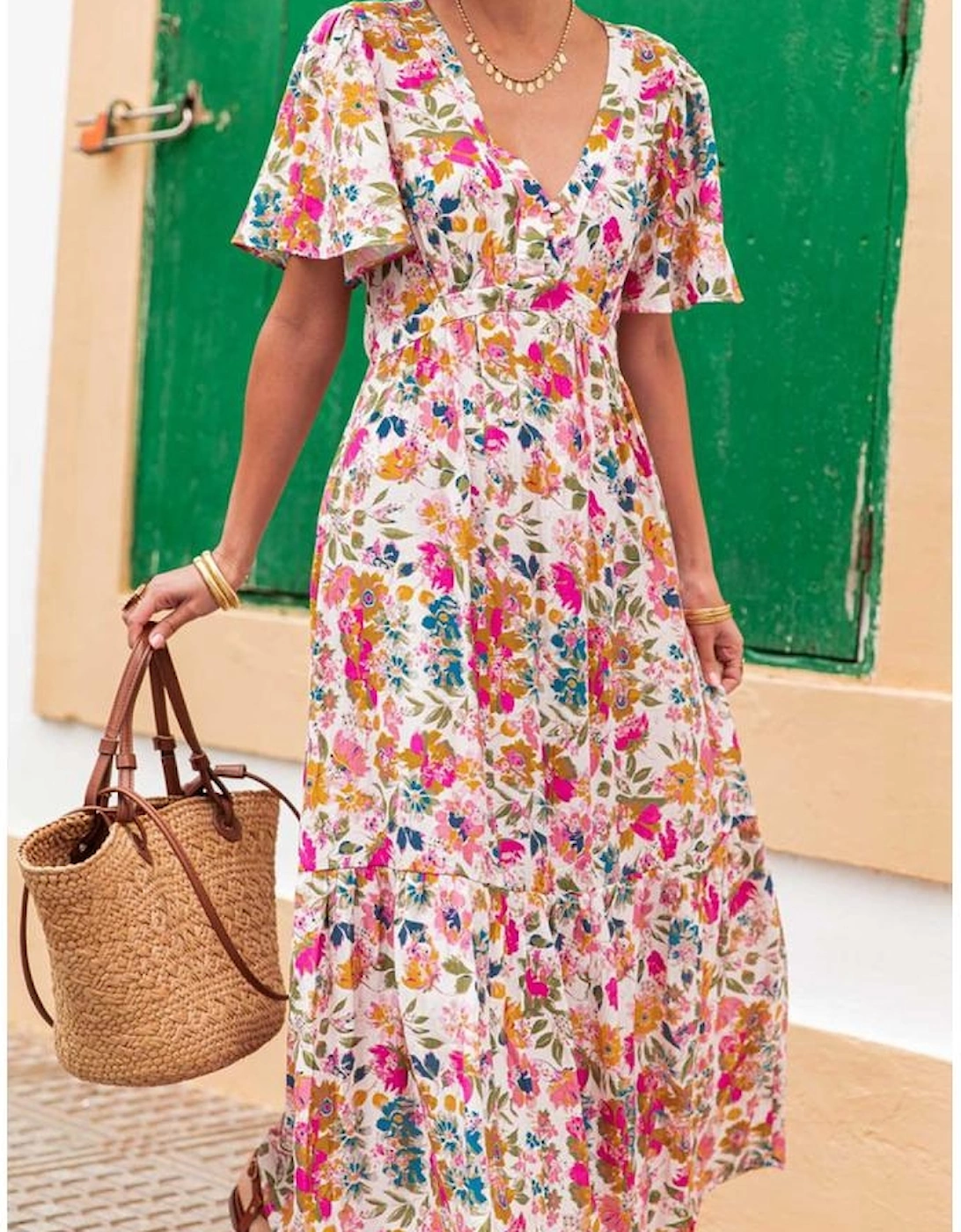 Red Floral Short Sleeve V Neck High Waist Maxi Dress