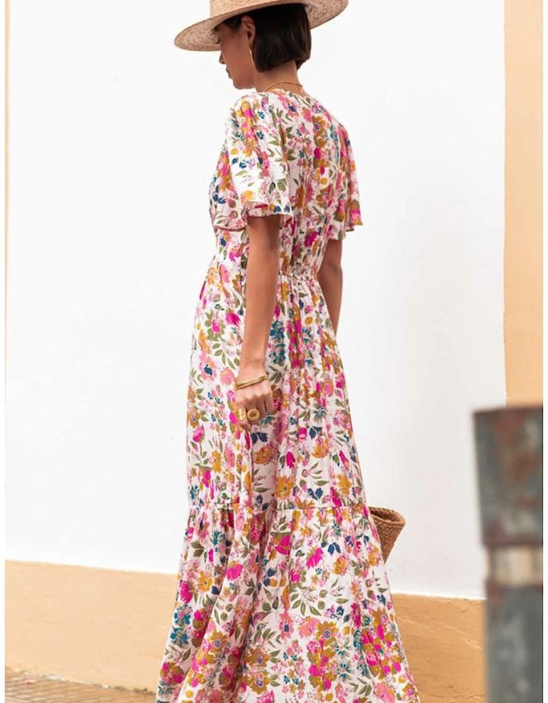 Red Floral Short Sleeve V Neck High Waist Maxi Dress