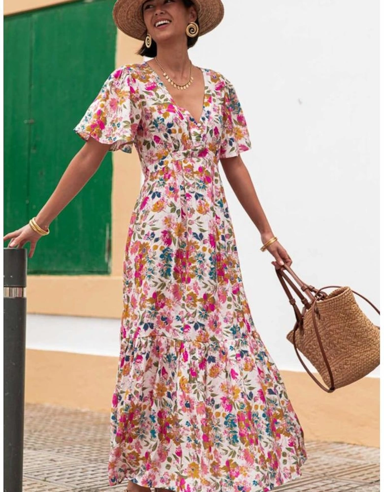 Red Floral Short Sleeve V Neck High Waist Maxi Dress