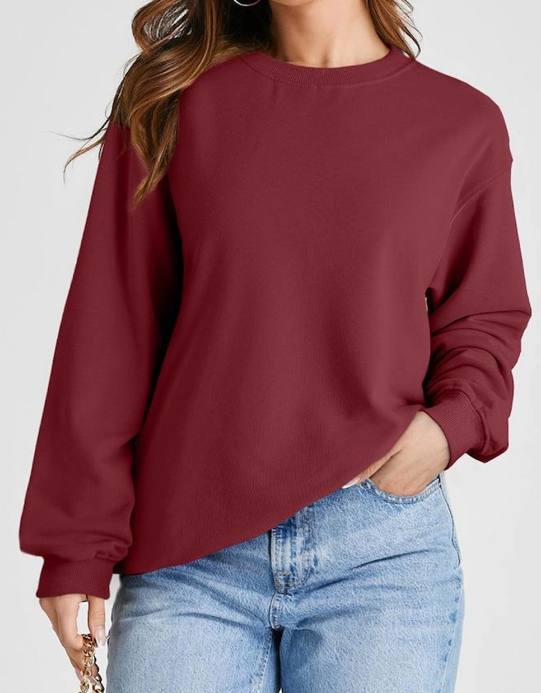 Burgundy Plain Drop Shoulder Crewneck Pullover Sweatshirt