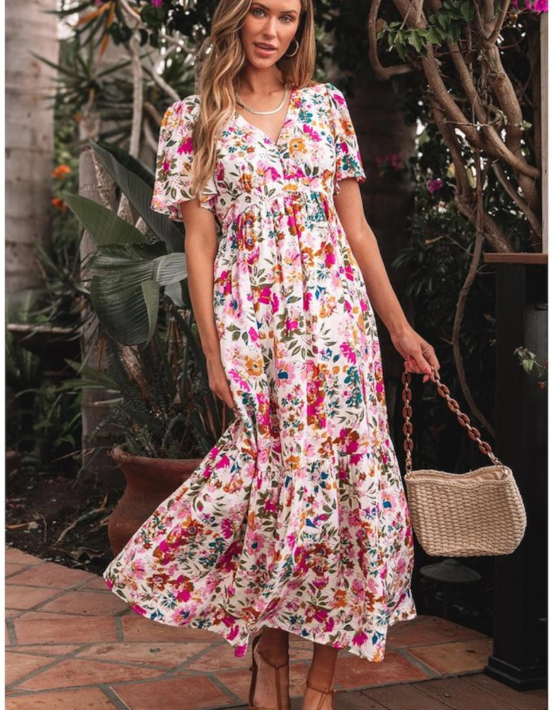 Red Floral Short Sleeve V Neck High Waist Maxi Dress