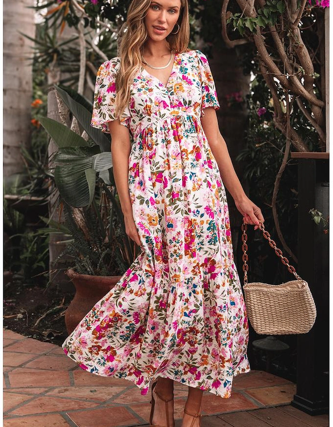 Red Floral Short Sleeve V Neck High Waist Maxi Dress