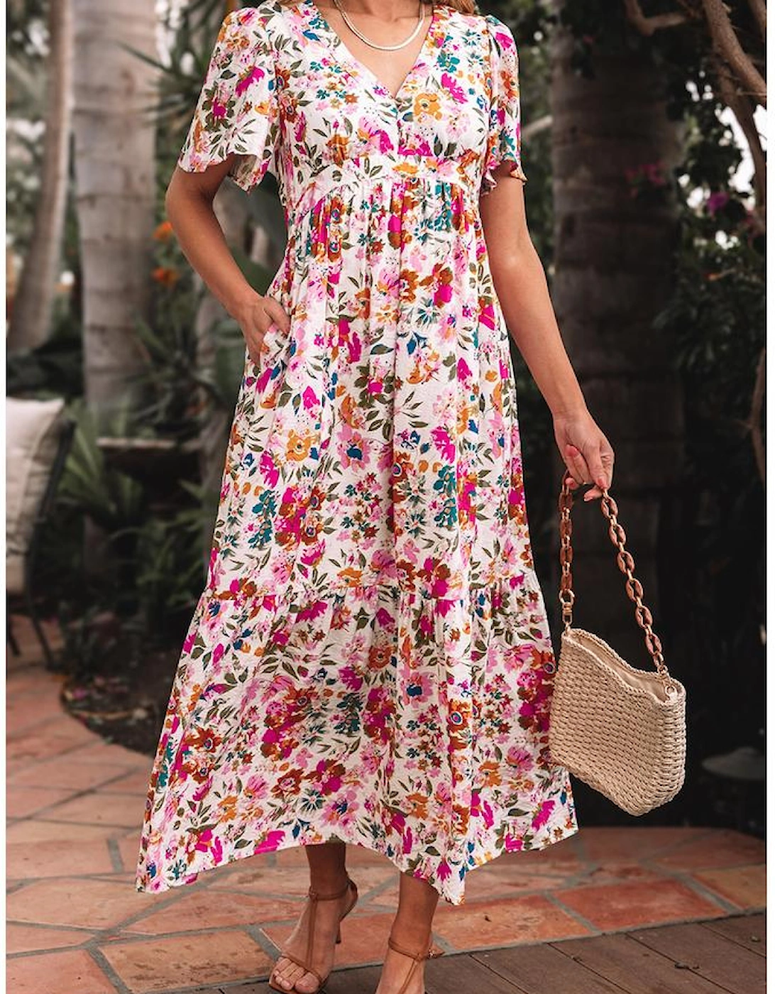 Red Floral Short Sleeve V Neck High Waist Maxi Dress