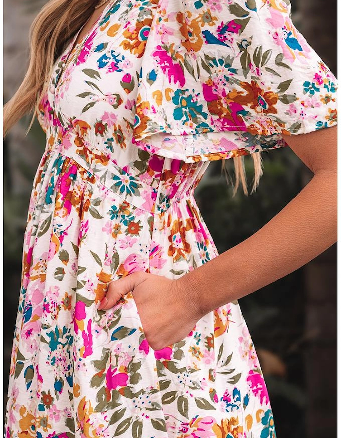 Red Floral Short Sleeve V Neck High Waist Maxi Dress