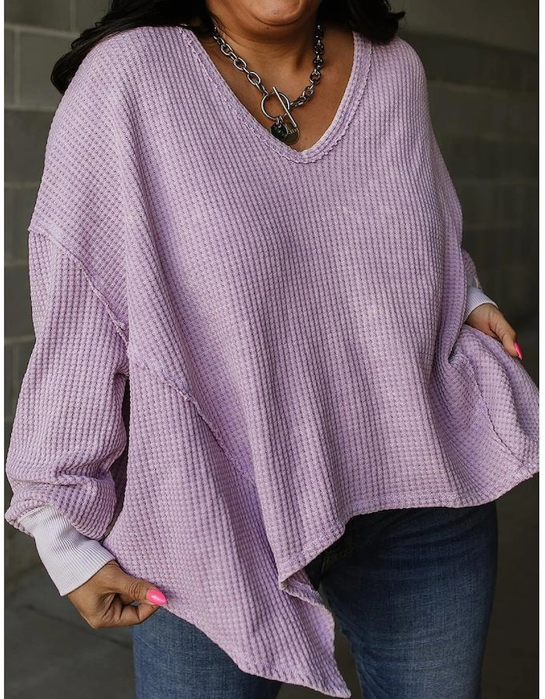 Orchid Petal Plus Size Waffle Knit Exposed Seam Flowy Top, 13 of 12