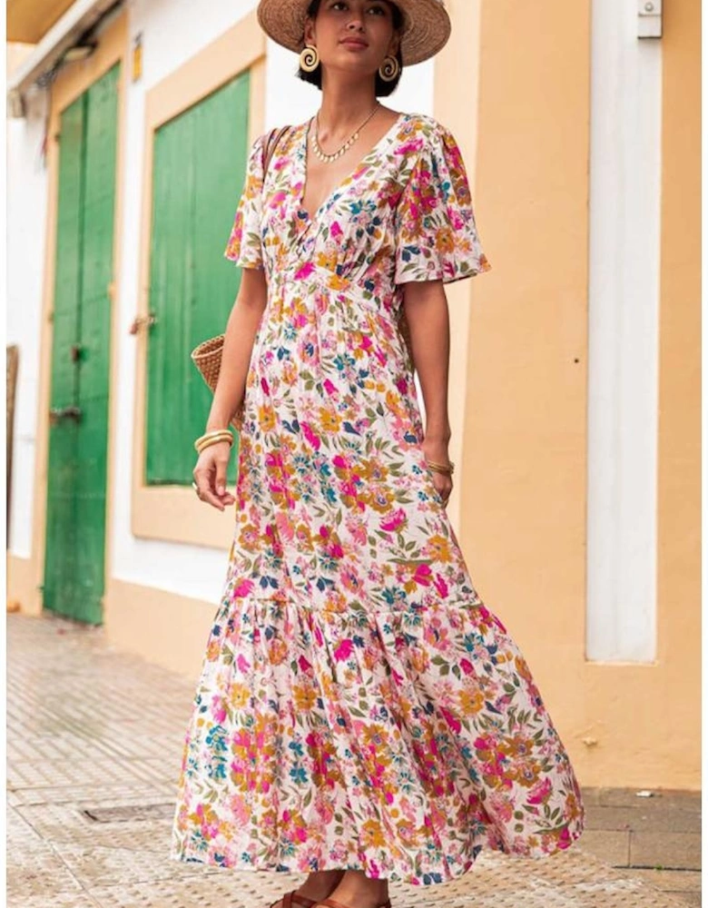 Red Floral Short Sleeve V Neck High Waist Maxi Dress