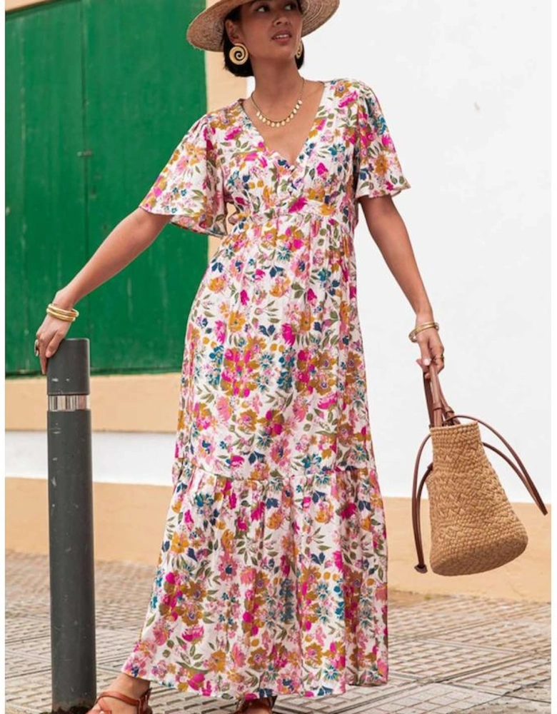 Red Floral Short Sleeve V Neck High Waist Maxi Dress