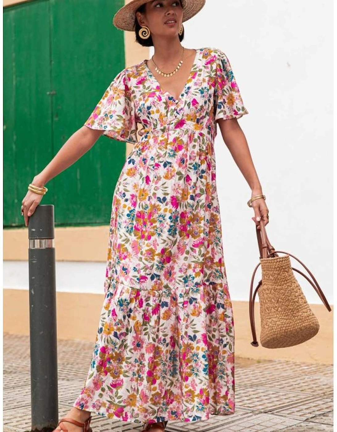 Red Floral Short Sleeve V Neck High Waist Maxi Dress