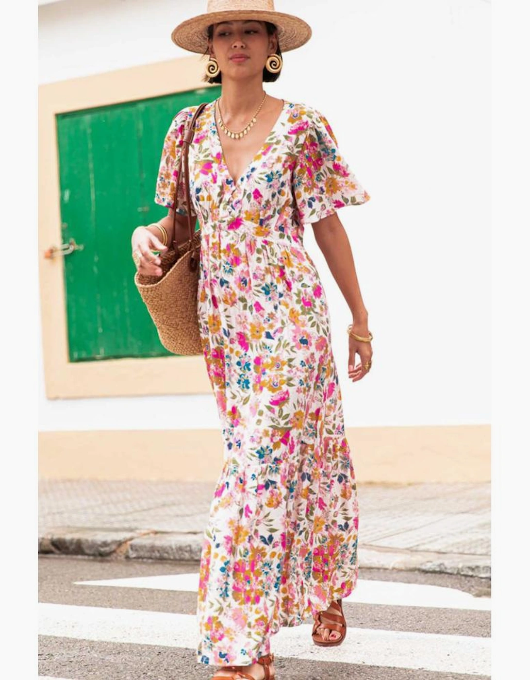 Red Floral Short Sleeve V Neck High Waist Maxi Dress