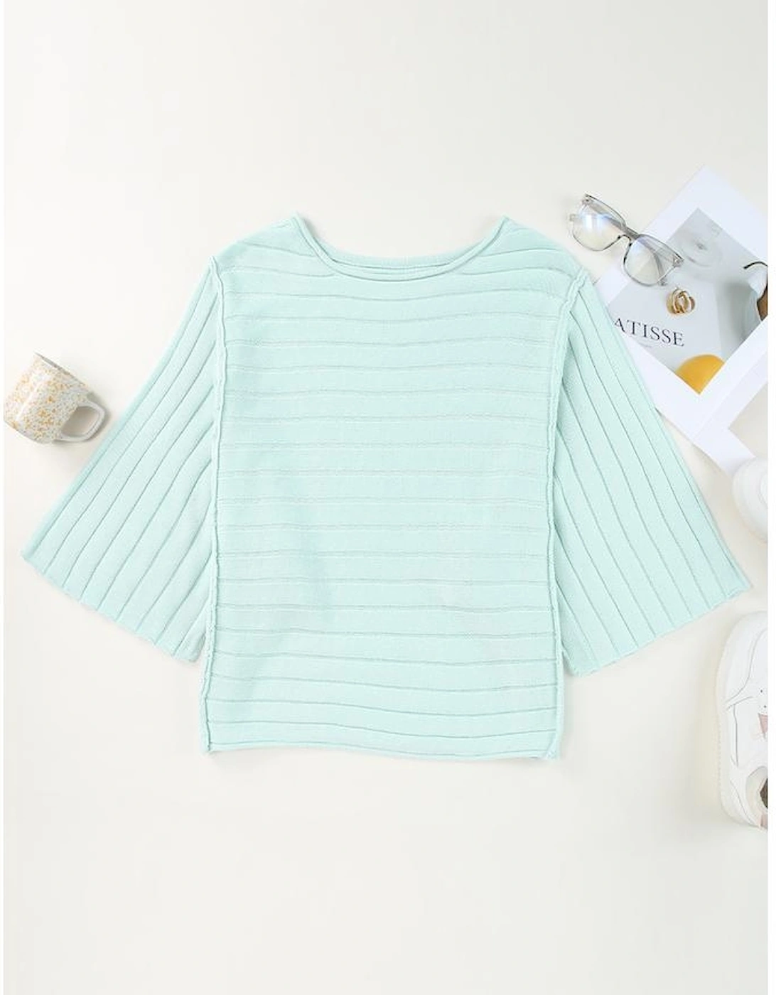 Green Exposed Seam Ribbed Knit Dolman Top