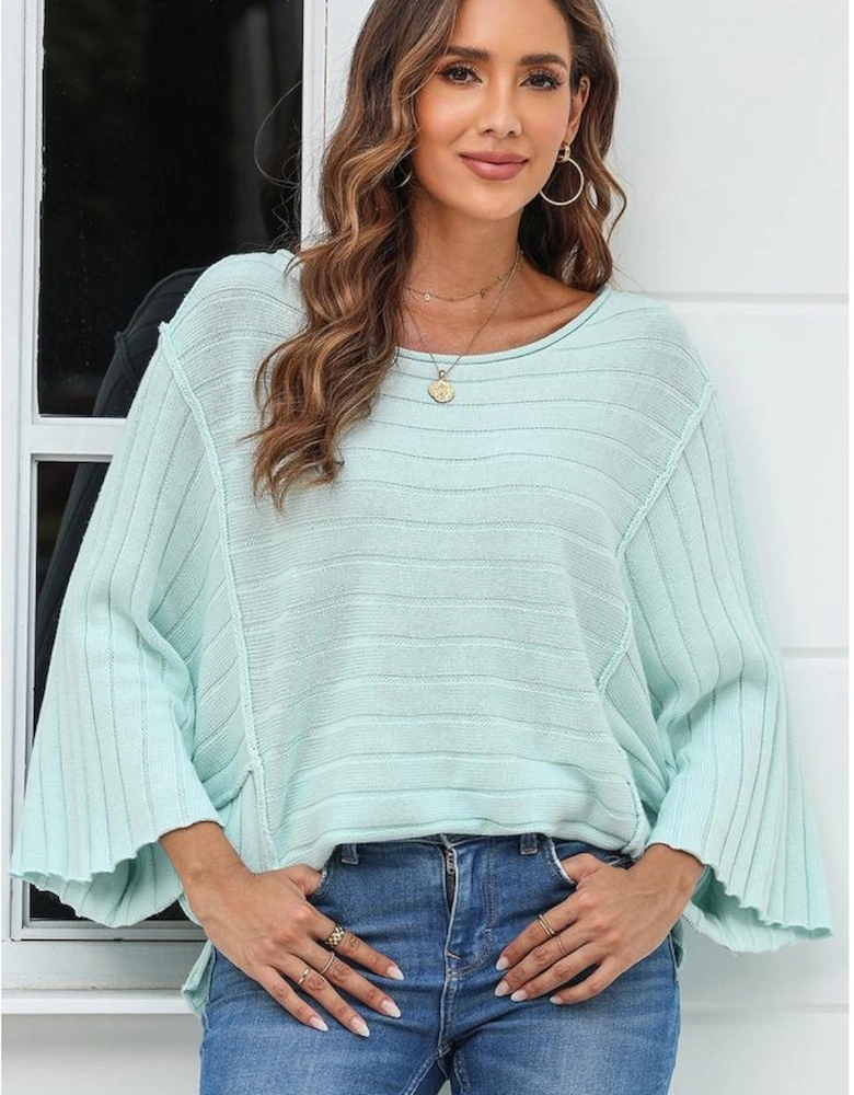 Green Exposed Seam Ribbed Knit Dolman Top