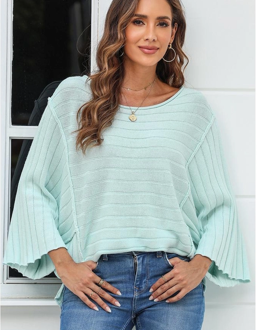 Green Exposed Seam Ribbed Knit Dolman Top