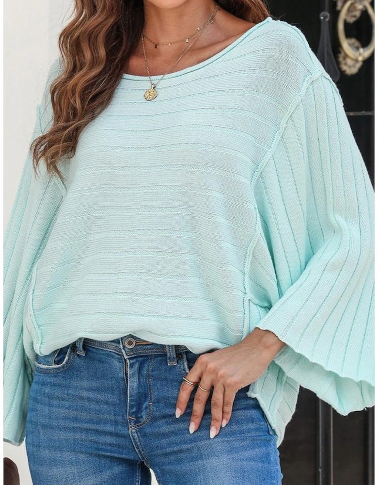 Green Exposed Seam Ribbed Knit Dolman Top