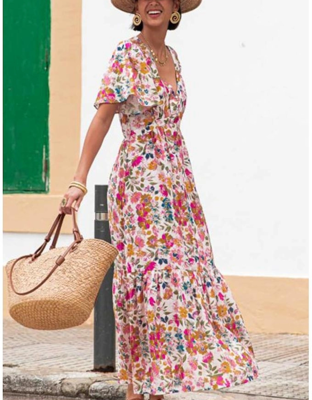 Red Floral Short Sleeve V Neck High Waist Maxi Dress