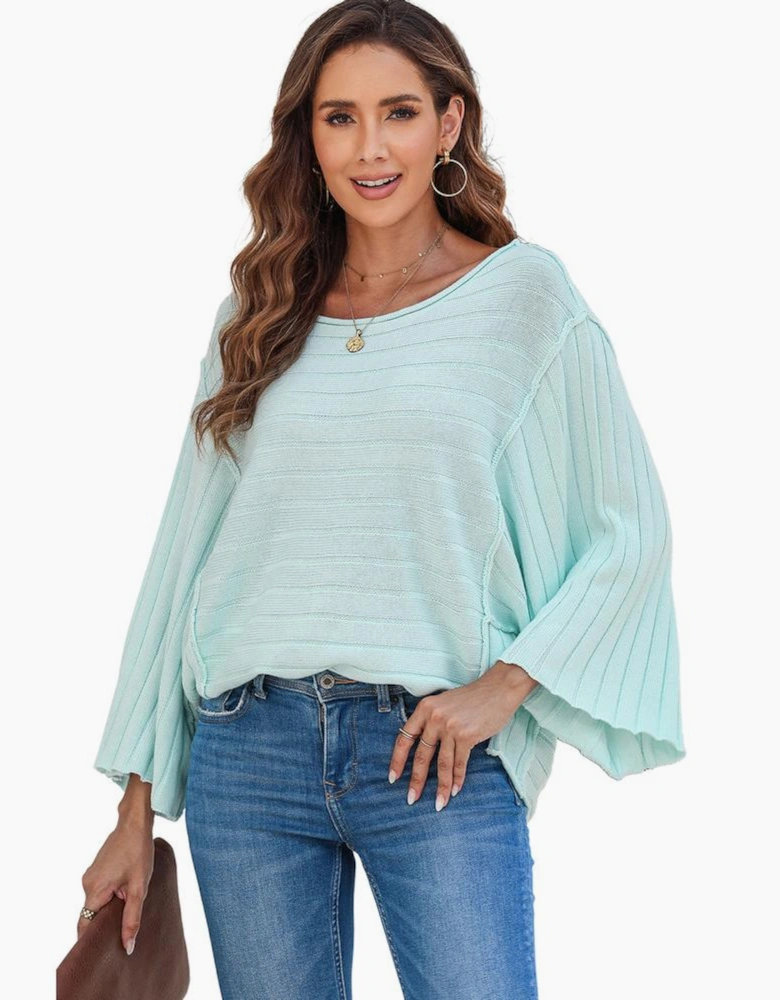 Green Exposed Seam Ribbed Knit Dolman Top