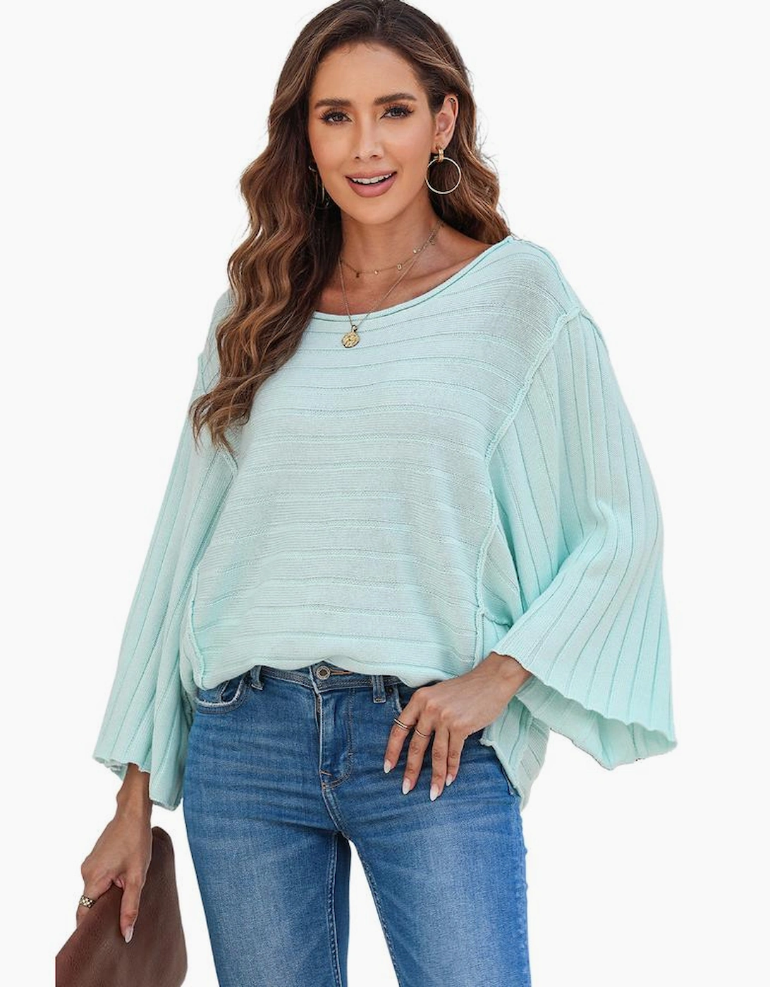 Green Exposed Seam Ribbed Knit Dolman Top