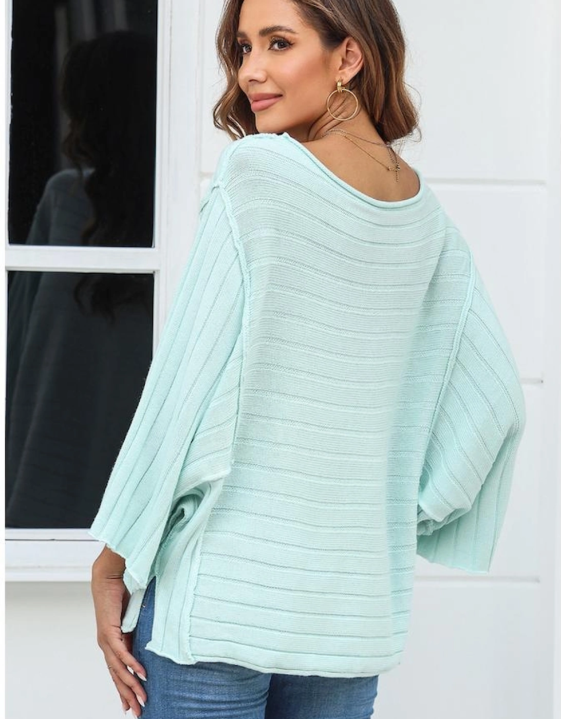 Green Exposed Seam Ribbed Knit Dolman Top