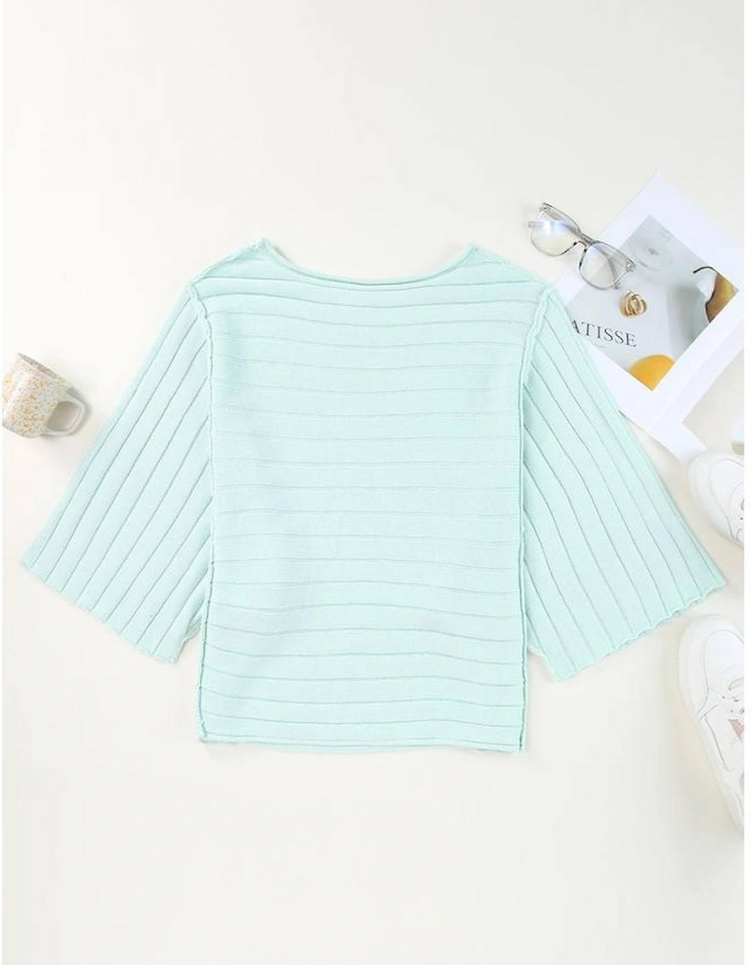 Green Exposed Seam Ribbed Knit Dolman Top