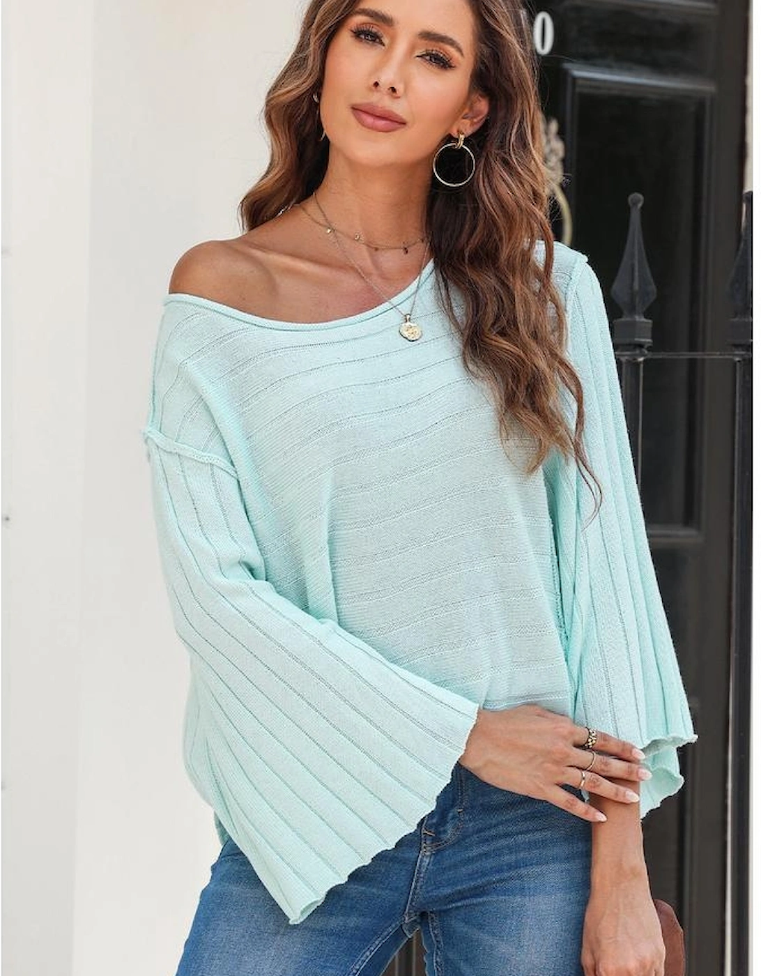 Green Exposed Seam Ribbed Knit Dolman Top