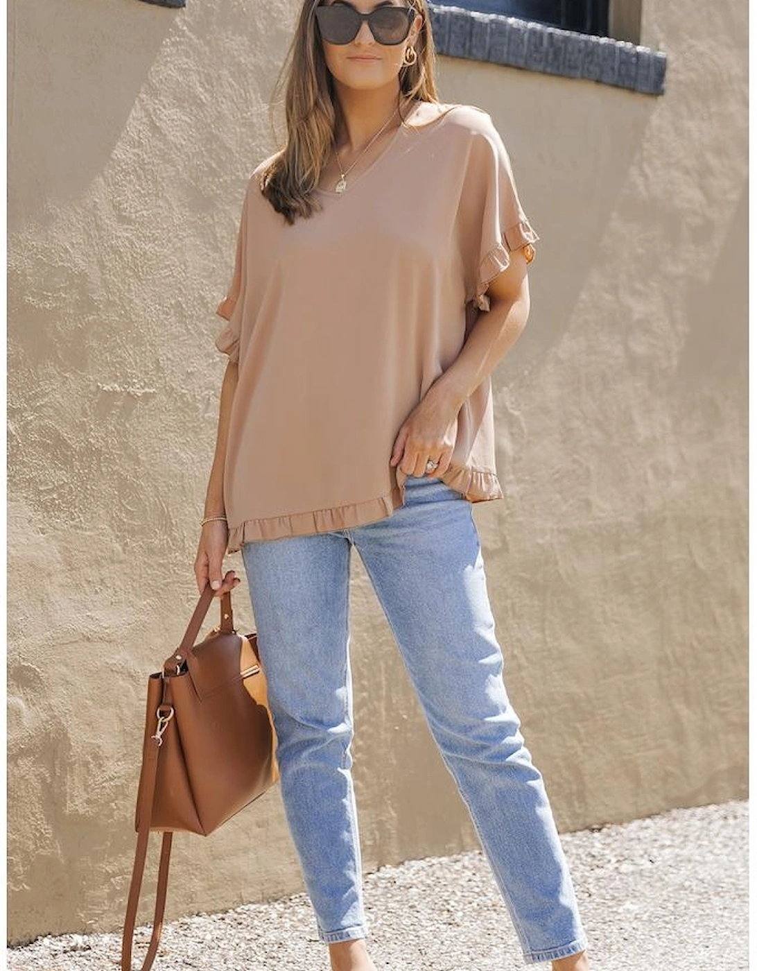 Khaki Ruffle Trim Short Sleeve Oversize Blouse