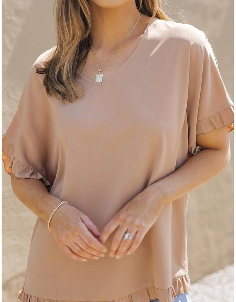 Khaki Ruffle Trim Short Sleeve Oversize Blouse