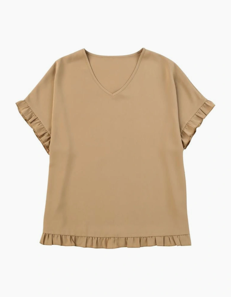 Khaki Ruffle Trim Short Sleeve Oversize Blouse