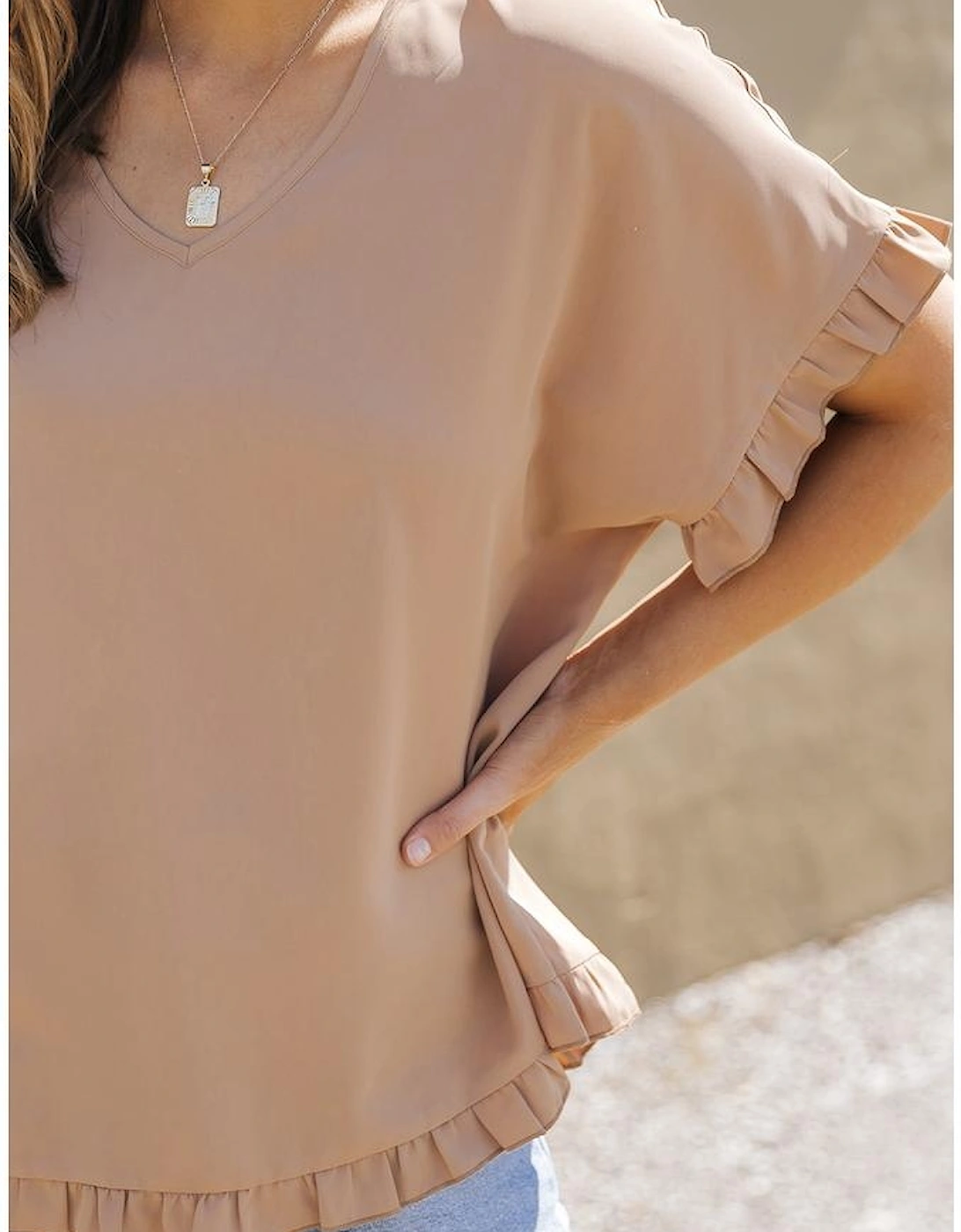 Khaki Ruffle Trim Short Sleeve Oversize Blouse
