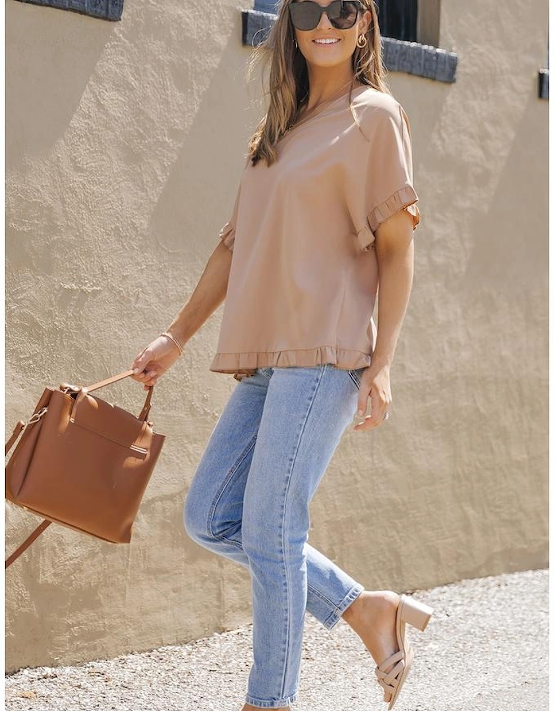 Khaki Ruffle Trim Short Sleeve Oversize Blouse