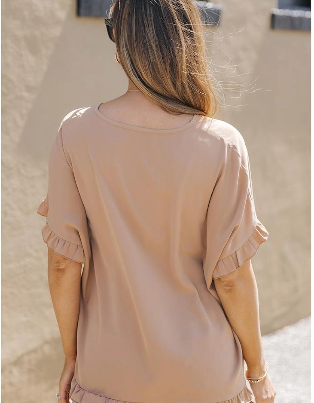 Khaki Ruffle Trim Short Sleeve Oversize Blouse