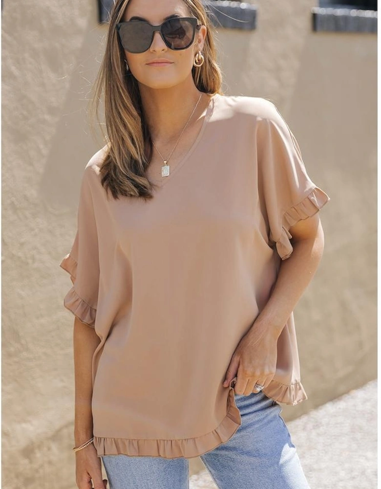 Khaki Ruffle Trim Short Sleeve Oversize Blouse