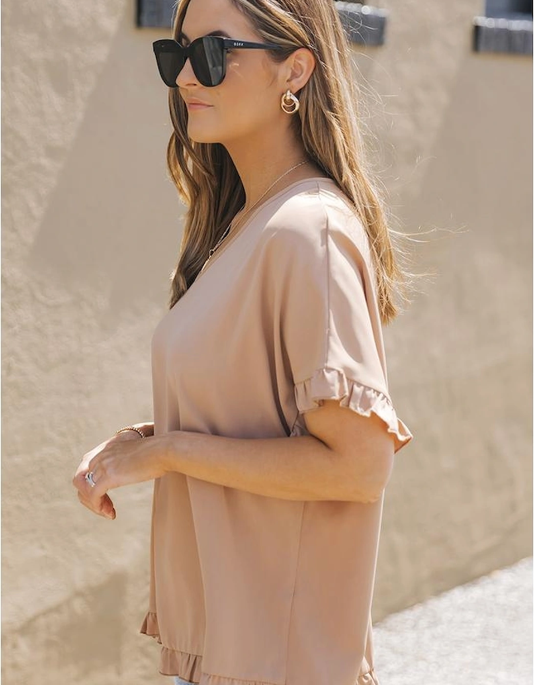 Khaki Ruffle Trim Short Sleeve Oversize Blouse