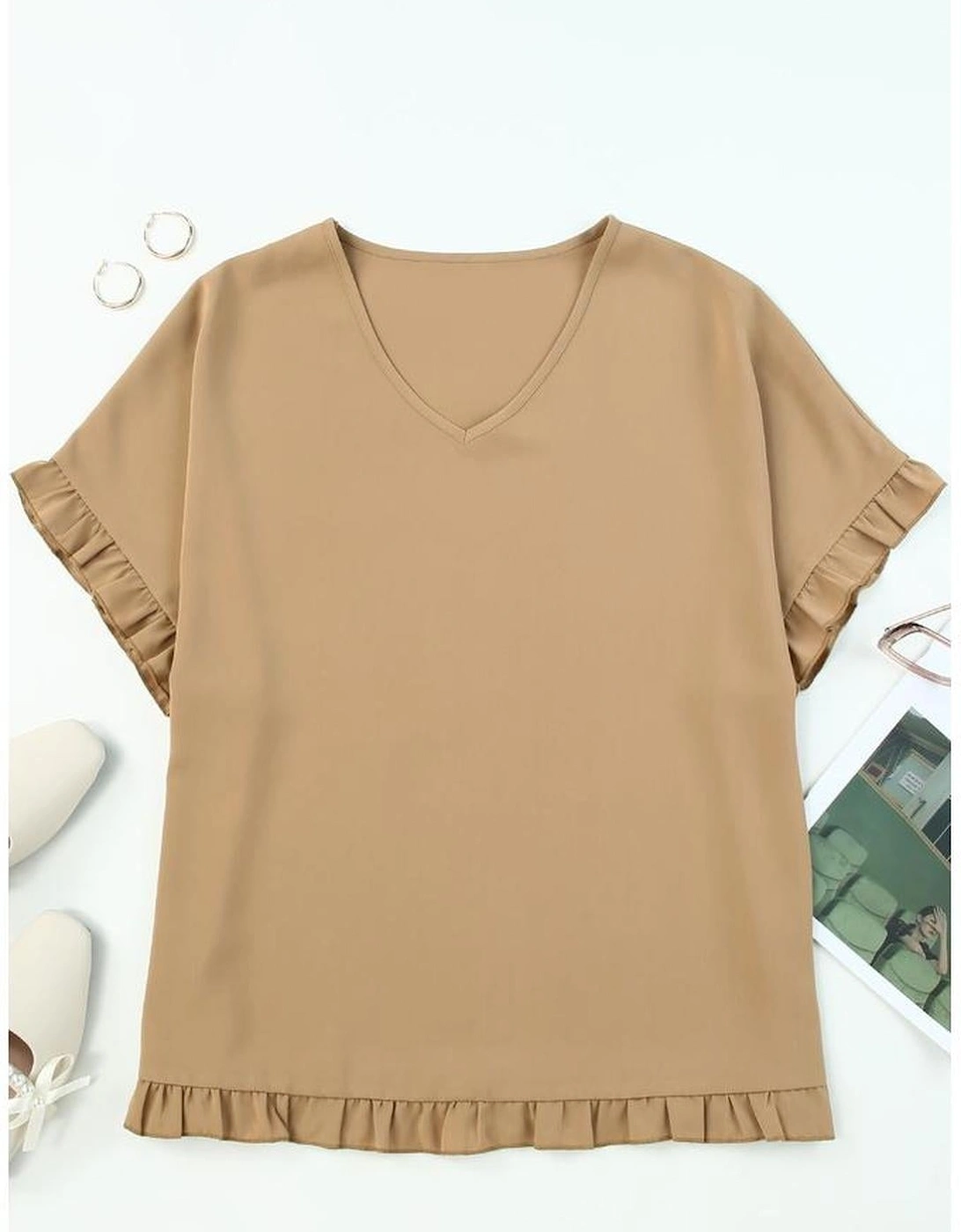 Khaki Ruffle Trim Short Sleeve Oversize Blouse