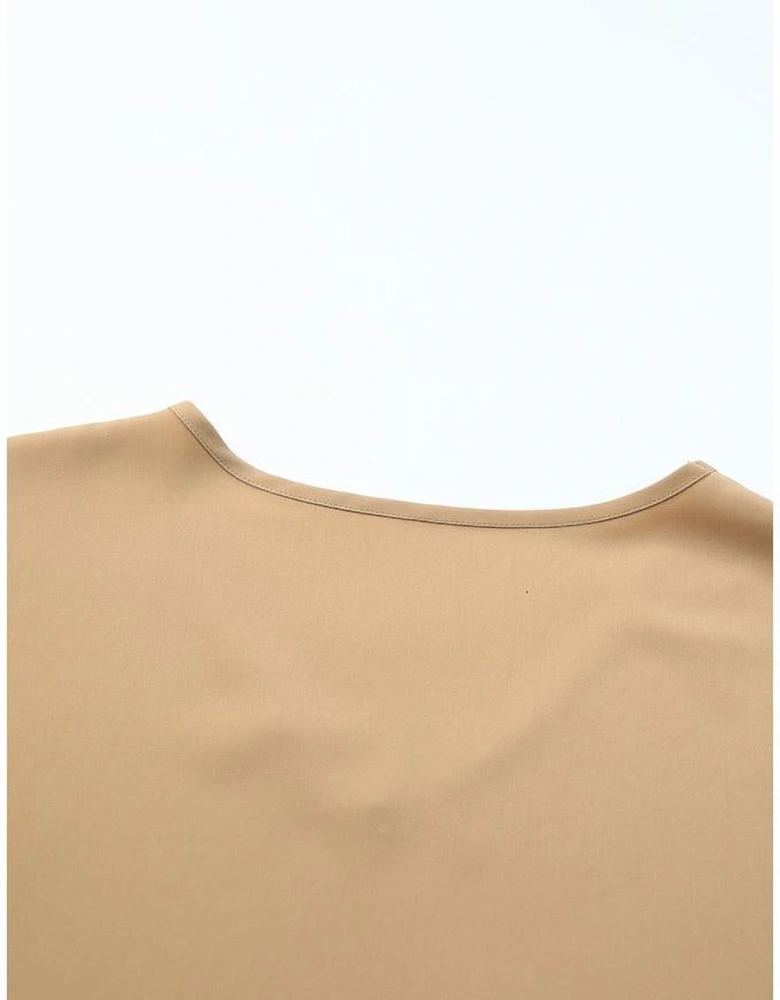 Khaki Ruffle Trim Short Sleeve Oversize Blouse