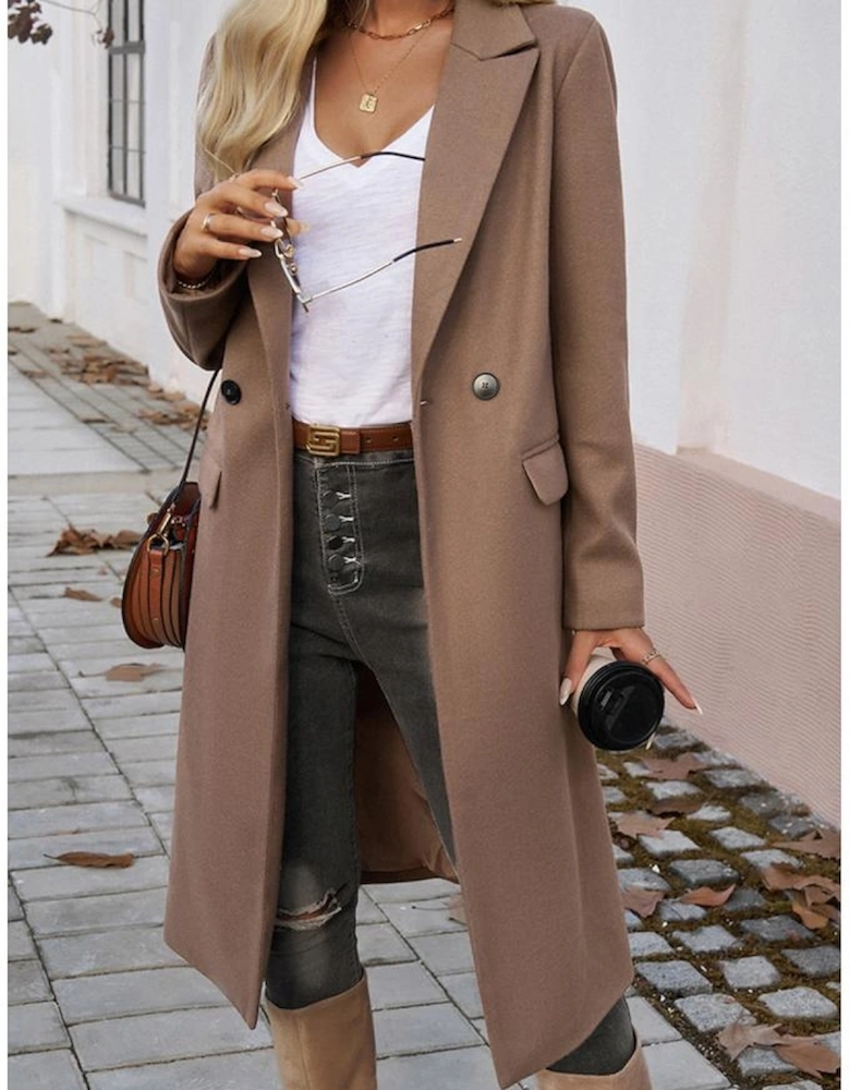 Dark Khaki Single Breasted Lapel Collar Flap Pocketed Overcoat