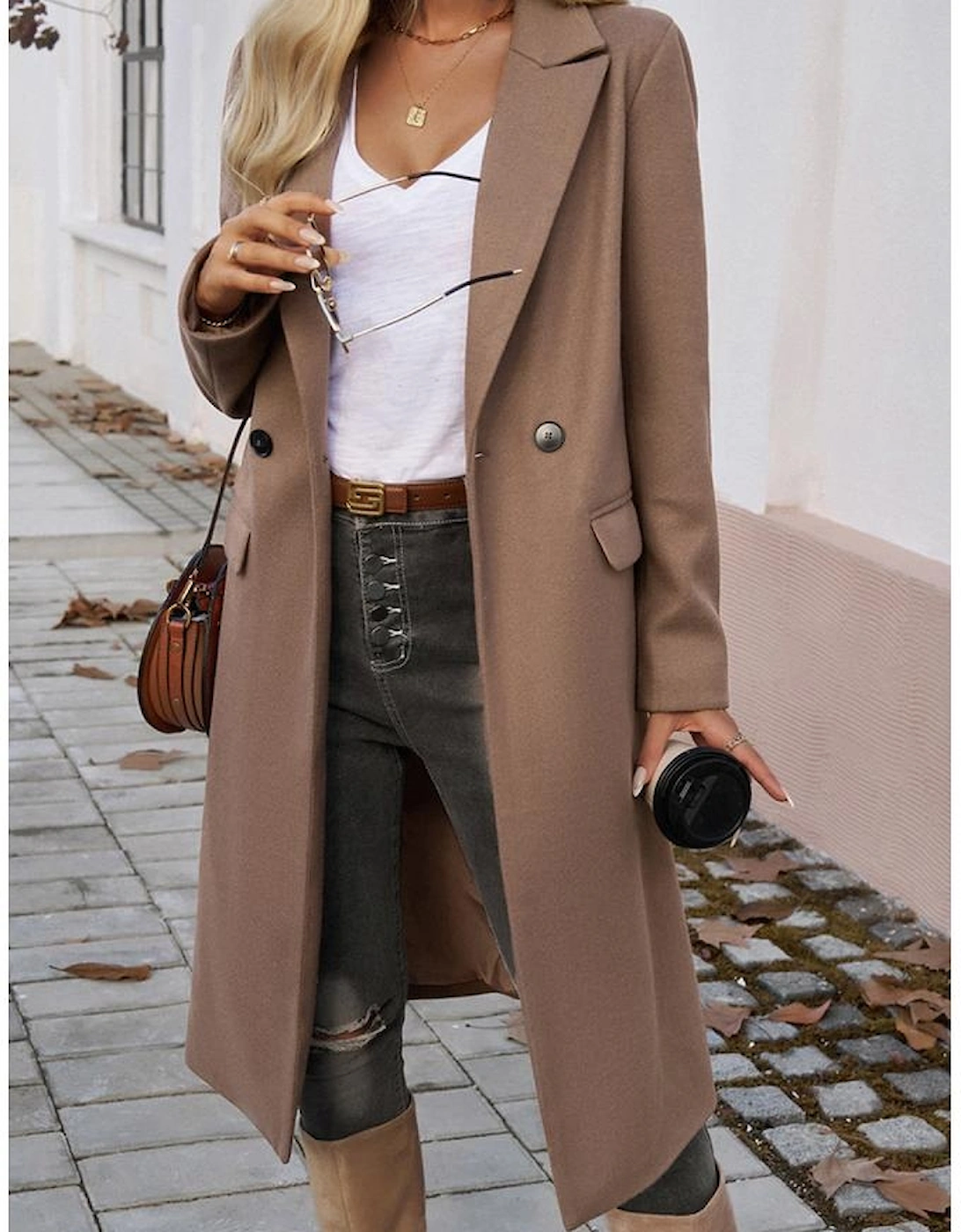 Dark Khaki Single Breasted Lapel Collar Flap Pocketed Overcoat, 7 of 6