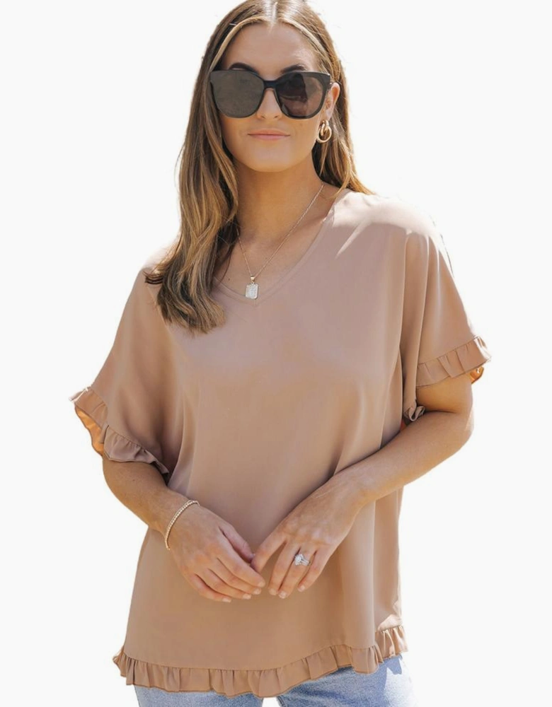 Khaki Ruffle Trim Short Sleeve Oversize Blouse