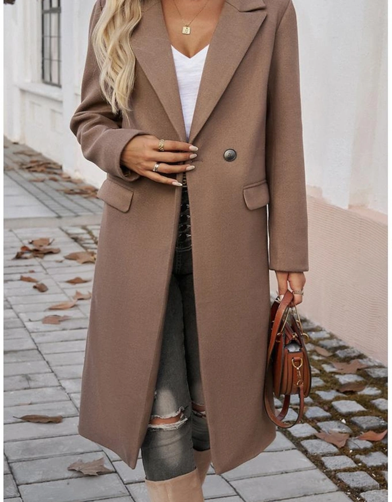 Dark Khaki Single Breasted Lapel Collar Flap Pocketed Overcoat