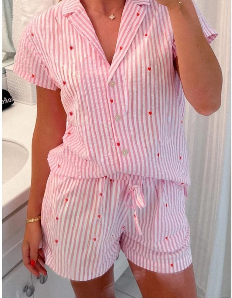 Pink Striped Tiny Hearts Printed Lapel Collar Shirt Style Short 2pcs Pajama Set