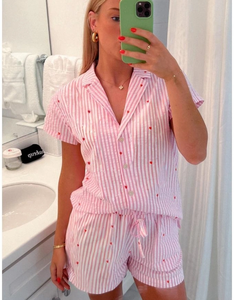 Pink Striped Tiny Hearts Printed Lapel Collar Shirt Style Short 2pcs Pajama Set