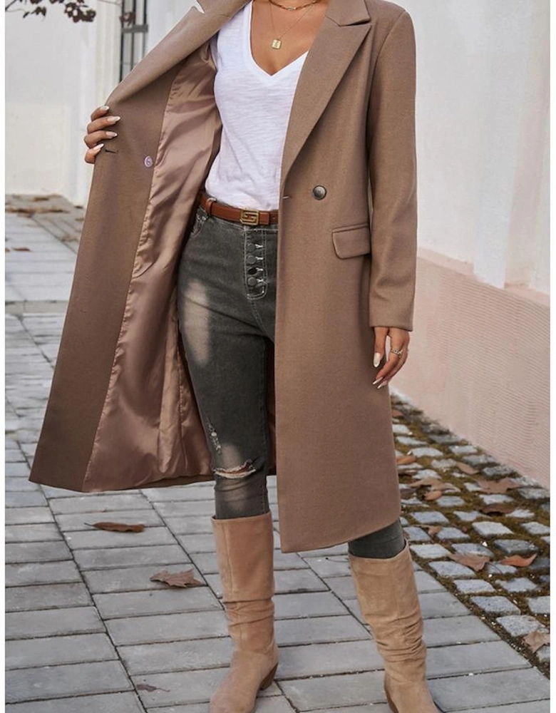 Dark Khaki Single Breasted Lapel Collar Flap Pocketed Overcoat