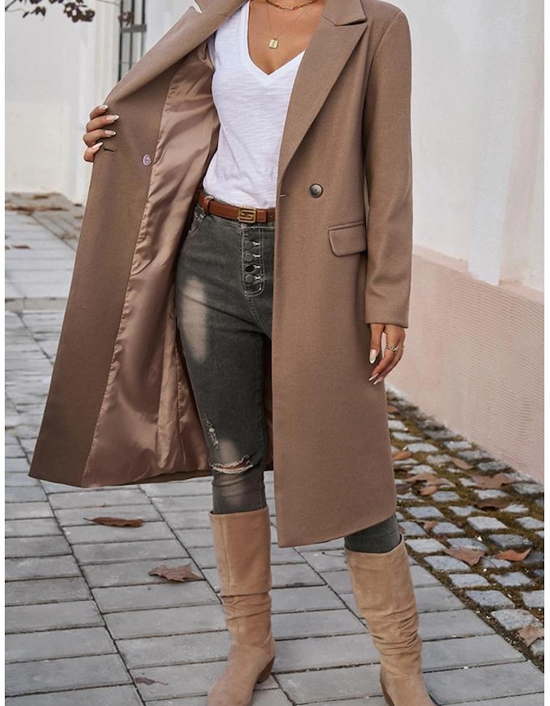 Dark Khaki Single Breasted Lapel Collar Flap Pocketed Overcoat