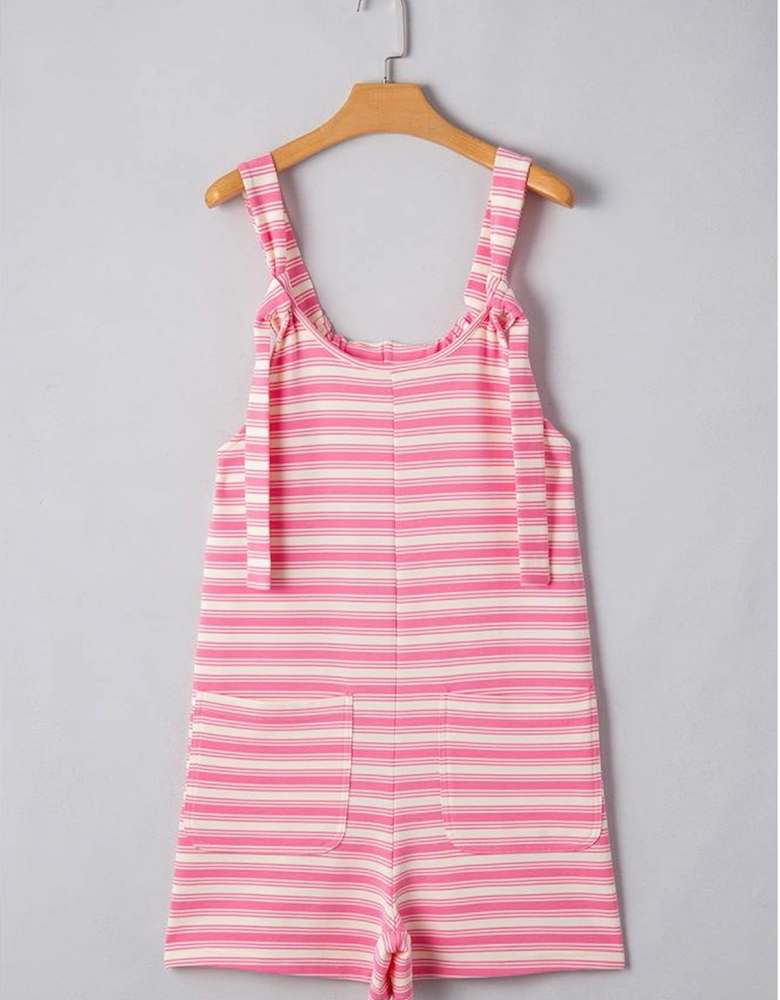 Pink Stripe Knotted Strap Patched Pocket Romper