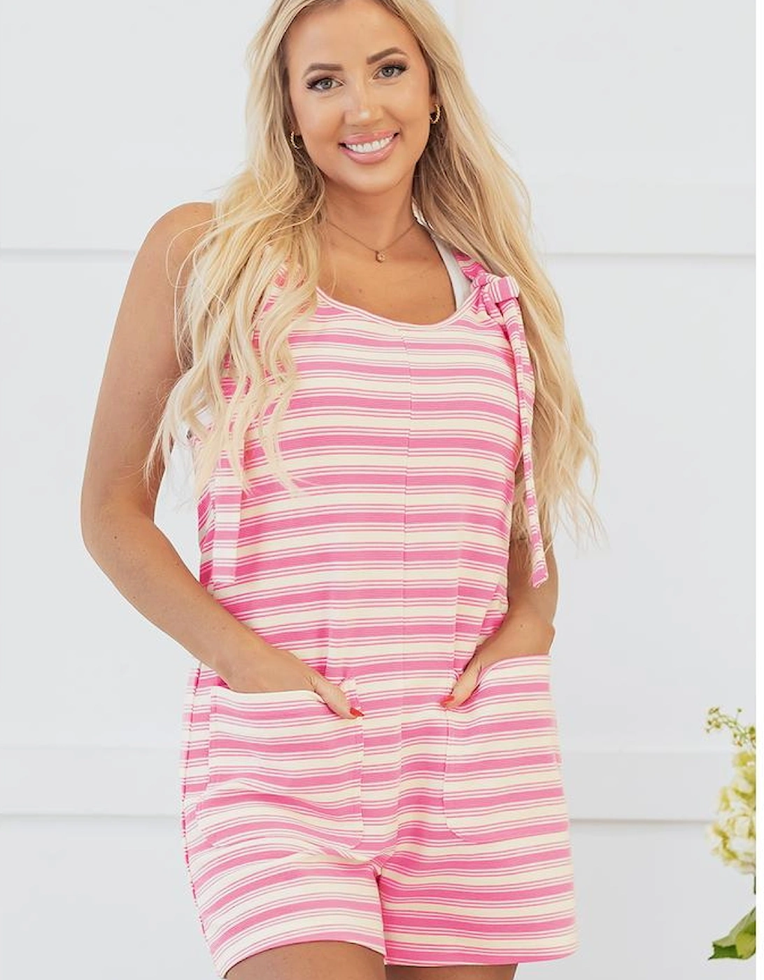 Pink Stripe Knotted Strap Patched Pocket Romper