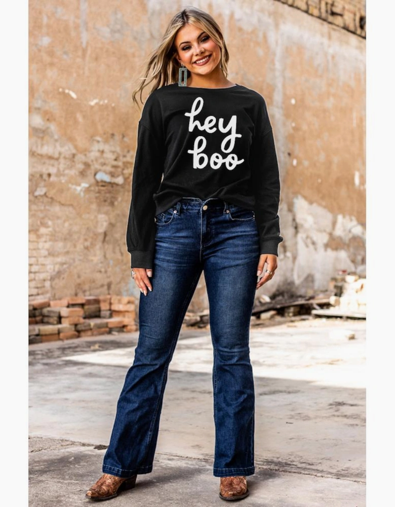 Black Hey Boo Letter Print Long Sleeve Pullover Sweatshirt
